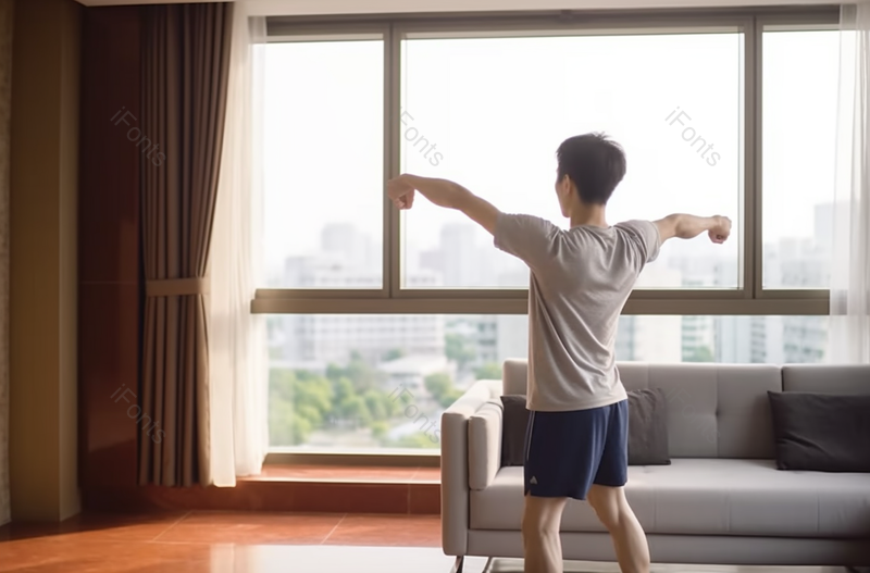 年轻男子在家室内锻炼身体高清特写摄影图,高清,摄影图,摄影图片,图片大全,摄影图免费下载